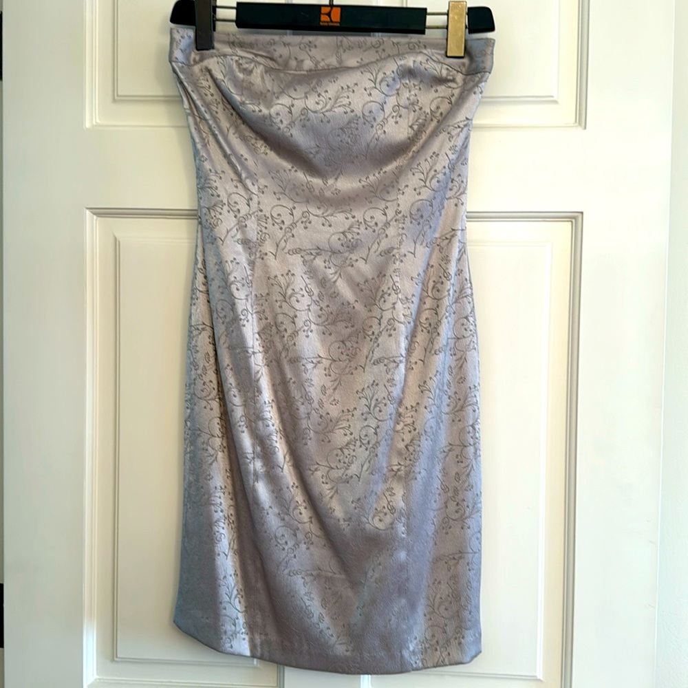Express Strapless Silver Paisley Formal Dress